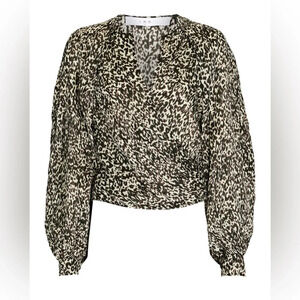 Iro Paris Top  Women 34 US 2 Silk Georgette Leopard Print Faux Wrap Gray Blouse